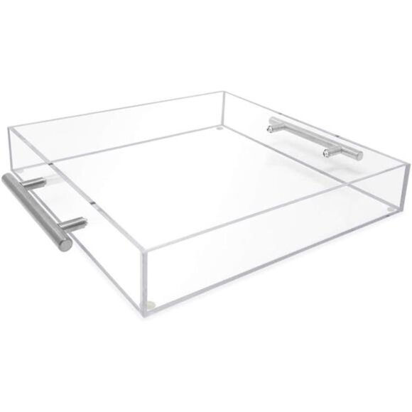 Clear Acrylic Serving Tray (12x12) with Silver Metal Handles, Spill-Proof - Picture 1 of 8